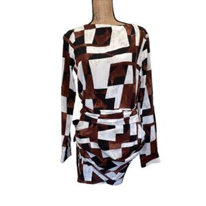 Worth Geometric Tie Waist Mini Dress Brown Black Neutral‎ 100% Silk Size P (XS)